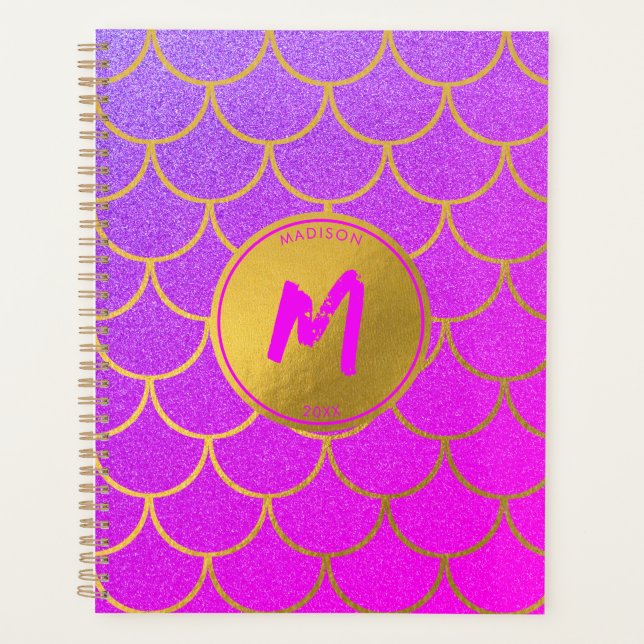Gold Mermaid Scales Pink Purple Glitter Monogram  Planner (Front)