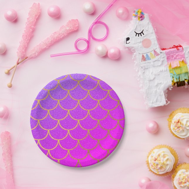 Gold Mermaid Scales Pink Purple Glitter Paper Plates (Party)