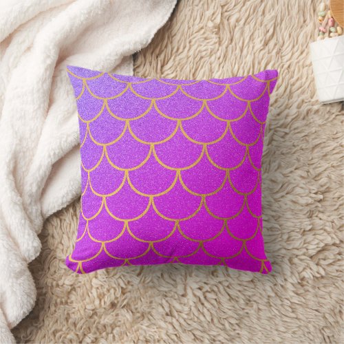 Gold Mermaid Scales Pink Purple Glitter Throw Pillow