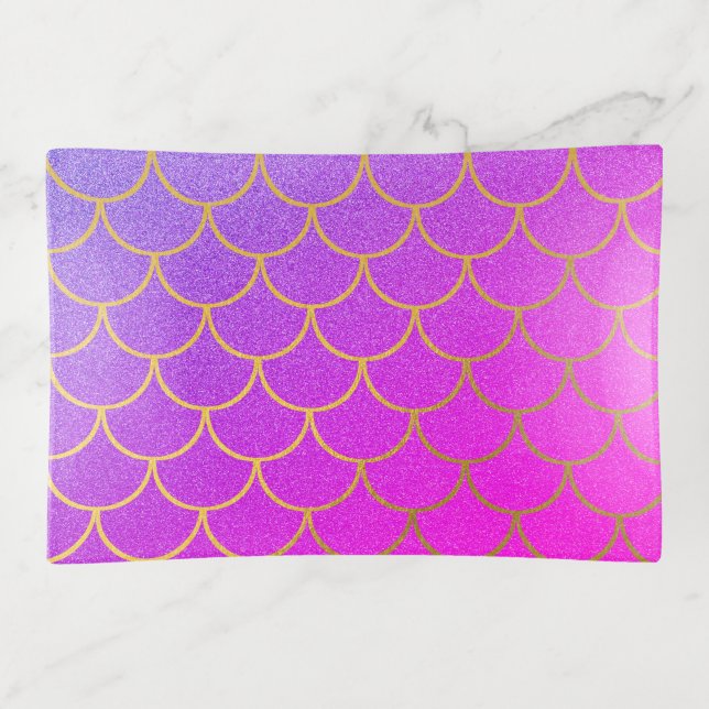 Gold Mermaid Scales Pink Purple Glitter  Trinket Tray (Front)