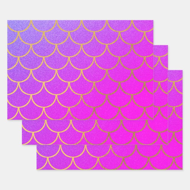 Gold Mermaid Scales Pink Purple Glitter  Wrapping Paper Sheets (Set)