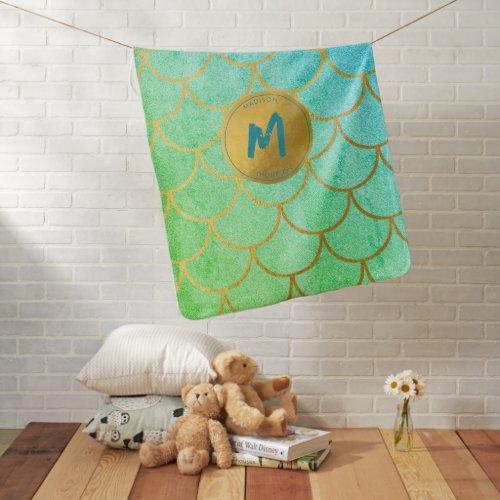 Gold Mermaid Scales Teal Glitter  Pattern Monogram Baby Blanket
