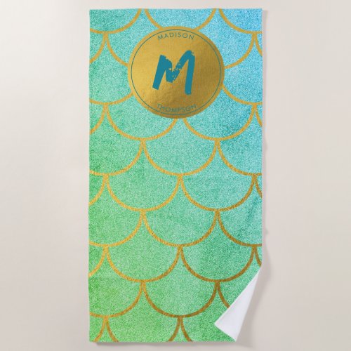 Gold Mermaid Scales Teal Glitter  Pattern Monogram Beach Towel