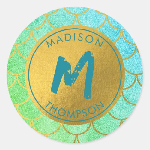 Gold Mermaid Scales Teal Glitter  Pattern Monogram Classic Round Sticker