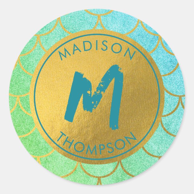 Gold Mermaid Scales Teal Glitter  Pattern Monogram Classic Round Sticker (Front)