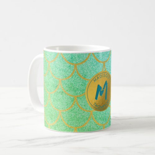 Gold Mermaid Scales Teal Glitter  Pattern Monogram Coffee Mug