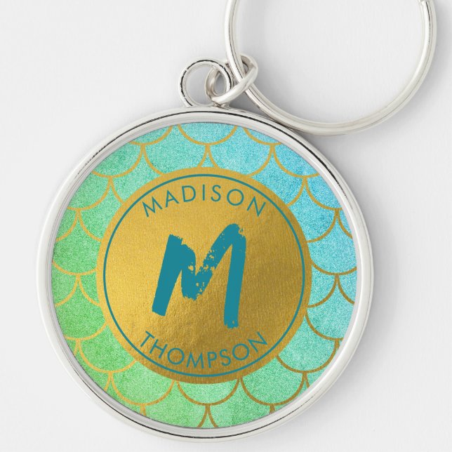 Gold Mermaid Scales Teal Glitter  Pattern Monogram Keychain (Front)