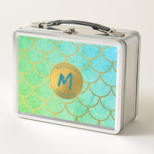 Gold Mermaid Scales Teal Glitter  Pattern Monogram Metal Lunch Box