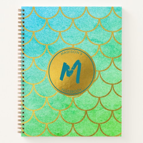 Gold Mermaid Scales Teal Glitter  Pattern Monogram Notebook