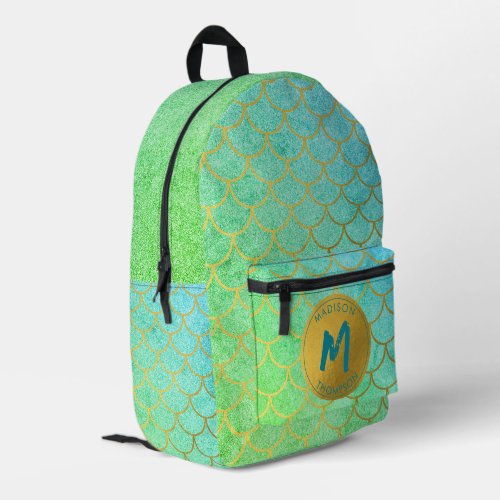 Gold Mermaid Scales Teal Glitter  Pattern Monogram Printed Backpack