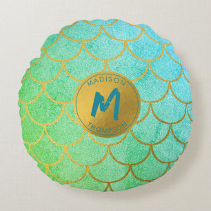 Gold Mermaid Scales Teal Glitter Pattern Monogram Round Pillow