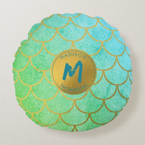Gold Mermaid Scales Teal Glitter  Pattern Monogram Round Pillow