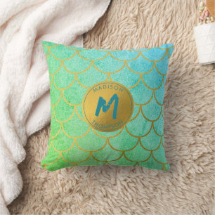 Gold Mermaid Scales Teal Glitter Pattern Monogram Throw Pillow