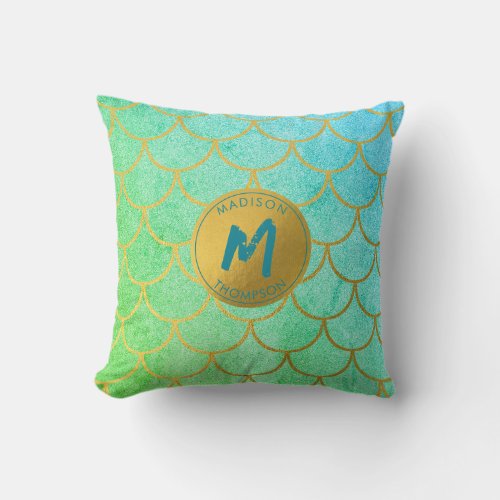 Gold Mermaid Scales Teal Glitter  Pattern Monogram Throw Pillow
