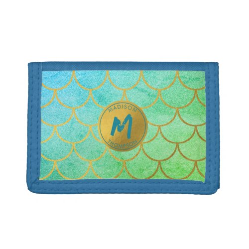 Gold Mermaid Scales Teal Glitter Pattern Monogram Trifold Wallet