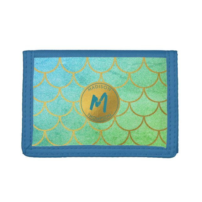 Gold Mermaid Scales Teal Glitter Pattern Monogram Trifold Wallet (Front)