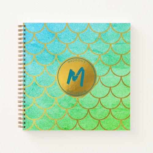 Gold Mermaid Scales Teal Glitter Sketchbook Notebook