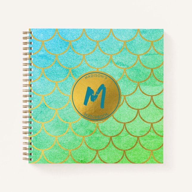 Gold Mermaid Scales Teal Glitter Sketchbook Notebook (Front)