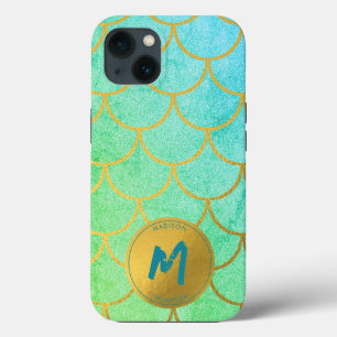 Gold Mermaid Scales Teal Pattern Monogram iPhone 13 Case