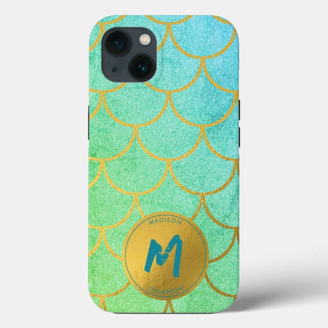 Gold Mermaid Scales Teal Pattern Monogram Case-Mate iPhone Case (Back)