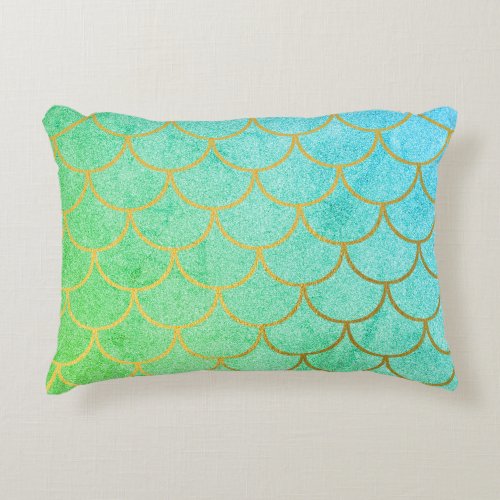 Gold Mermaid Scales Teal Turquoise Glitter  Accent Pillow