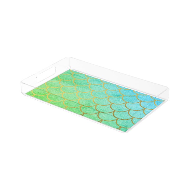 Gold Mermaid Scales Teal Turquoise Glitter Acrylic Tray (Angled)