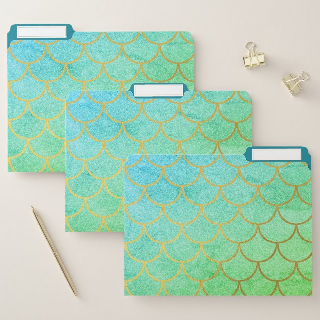 Gold Mermaid Scales Teal Turquoise Glitter  File Folder (Set)