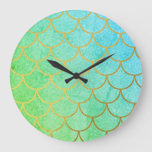 Gold Mermaid Scales Teal Turquoise Glitter Large Clock