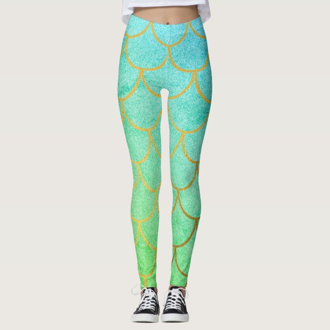 Gold Mermaid Scales Teal Turquoise Glitter  Leggings (Front)
