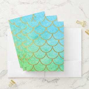 Gold Mermaid Scales Teal Turquoise Glitter Pocket Folder
