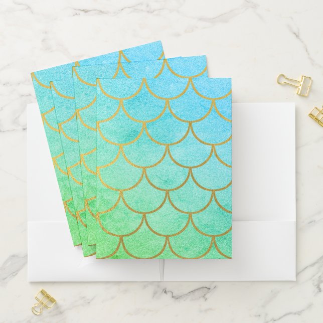 Gold Mermaid Scales Teal Turquoise Glitter Pocket Folder (In Situ)