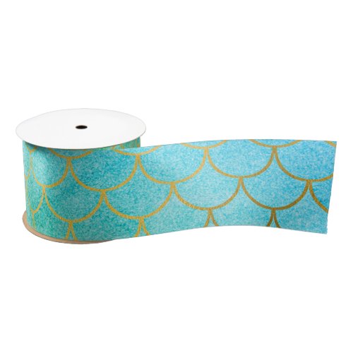Gold Mermaid Scales Teal Turquoise Glitter Satin Ribbon