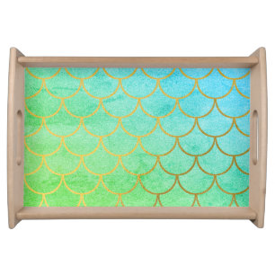 Gold Mermaid Scales Teal Turquoise Glitter Serving Tray