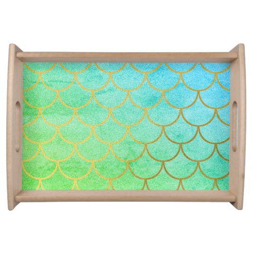 Gold Mermaid Scales Teal Turquoise Glitter  Serving Tray