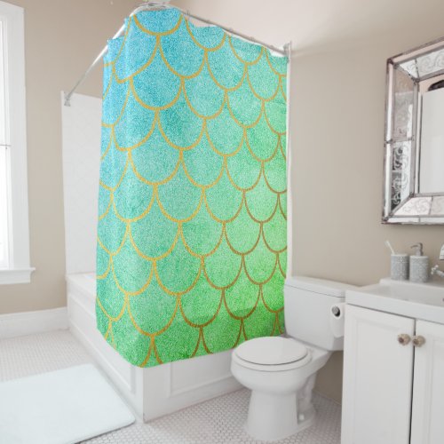 Gold Mermaid Scales Teal Turquoise Glitter  Shower Curtain