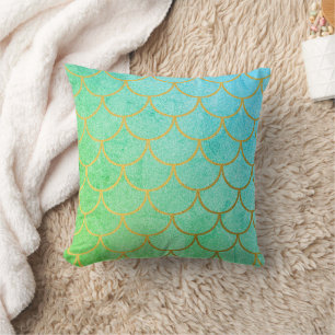 Gold Mermaid Scales Teal Turquoise Glitter Throw Pillow
