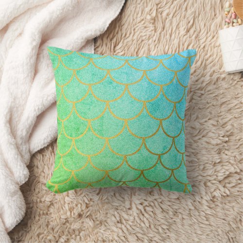 Gold Mermaid Scales Teal Turquoise Glitter Throw Pillow