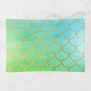 Gold Mermaid Scales Teal Turquoise Glitter Trinket Tray