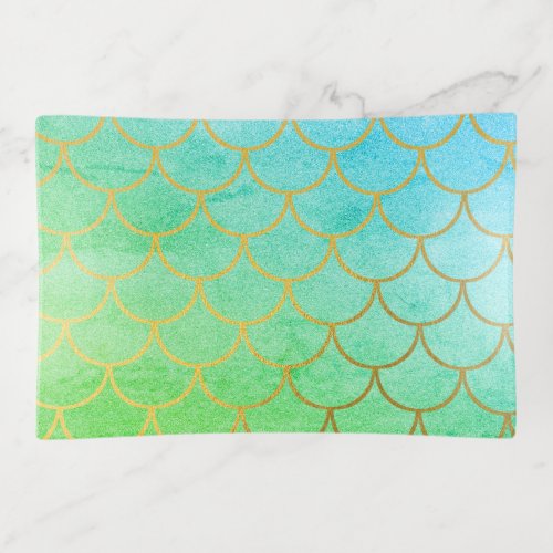 Gold Mermaid Scales Teal Turquoise Glitter Trinket Tray
