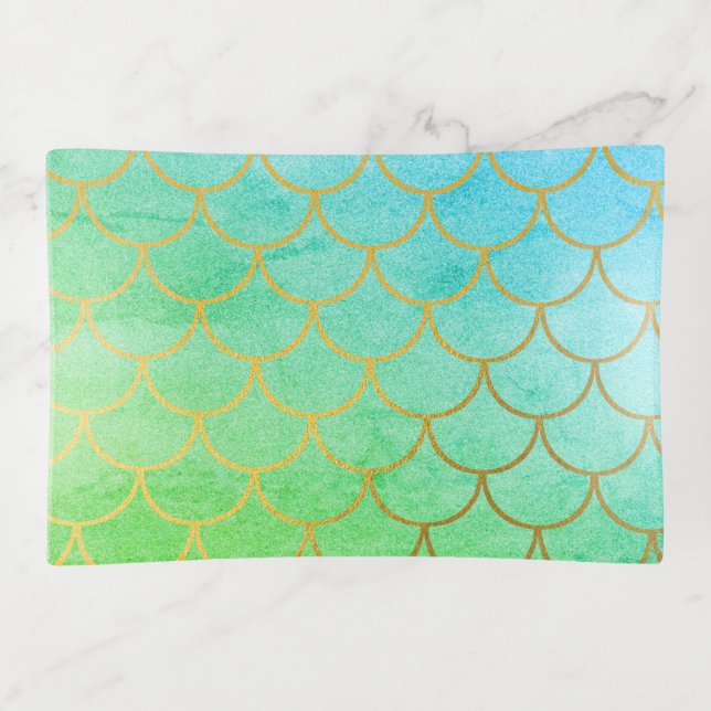 Gold Mermaid Scales Teal Turquoise Glitter Trinket Tray (Front)