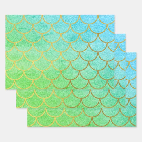 Gold Mermaid Scales Teal Turquoise Glitter Wrapping Paper Sheets