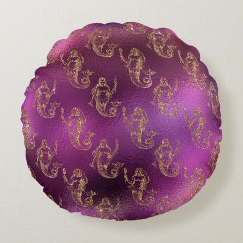 Gold Mermaids On A Purple Background Round Pillow