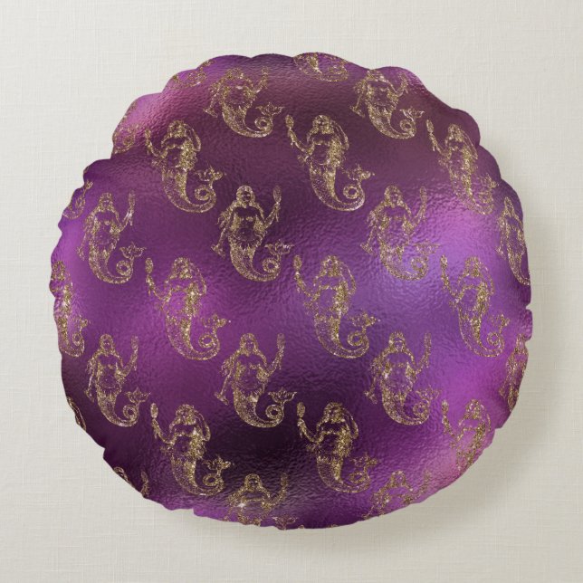 Gold Mermaids On A Purple Background Round Pillow (Front)