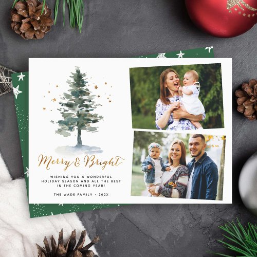 Gold Merry and Bright Christmas Tree Dual Photo Holiday Card