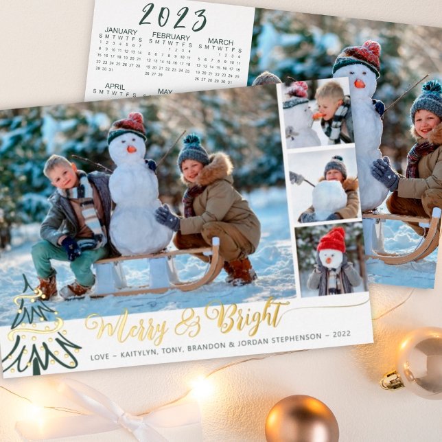 Gold Merry & Bright Photo Collage 2023 Calendar Foil Holiday Card (Creator Uploaded)