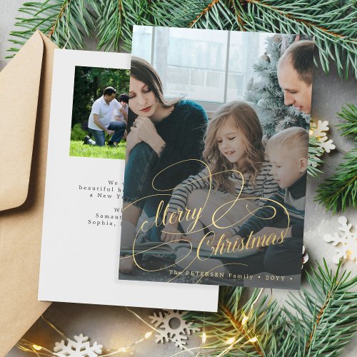 Gold Merry Christmas 2 family photo personalized Holiday Card