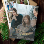 Gold Merry Christmas 5 photo collage Holiday Card<br><div class="desc">Elegant faux gold script overlay 5 custom photos,  family name and text personalized Christmas holiday card.</div>