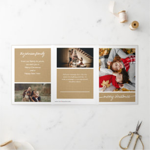Gold Merry Christmas 5-Photo Family Letter Tri-Fold Holiday Card