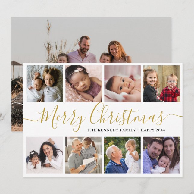 Gold Merry Christmas 9 Photo Collage Holiday Card (Front/Back)