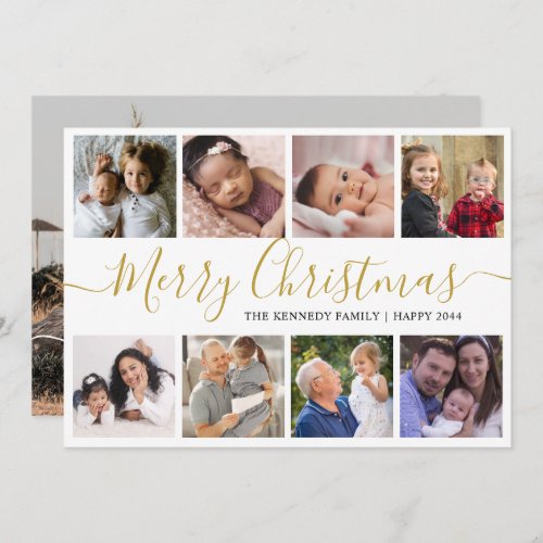 Gold Merry Christmas 9 Photo Collage Holiday Card